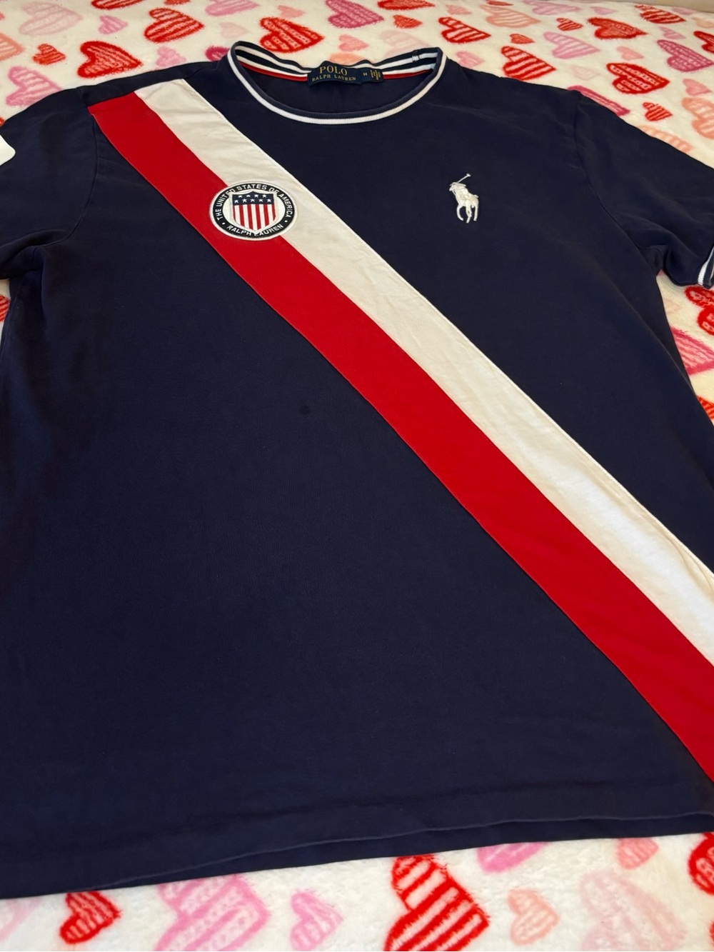 Polo by Ralph Lauren Navy Tee with Red & White Diagonal Stripes
